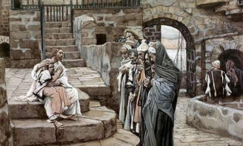 Jesus and The Little Child Black Ornate Wood Framed Art Print with Double Matting by Tissot, James