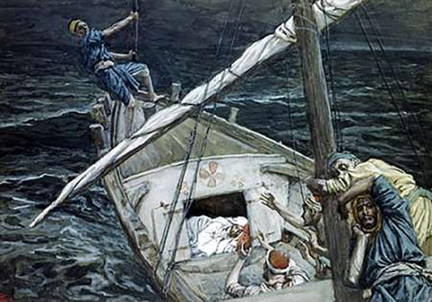 Jesus Asleep During The Storm White Modern Wood Framed Art Print with Double Matting by Tissot, James