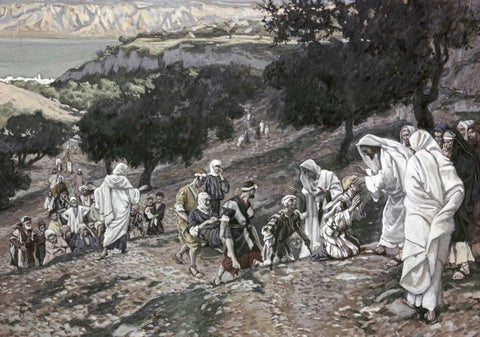 Jesus Healing The Lame and The Blind White Modern Wood Framed Art Print with Double Matting by Tissot, James Jacques
