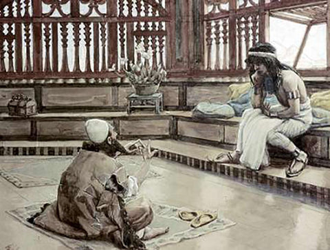 Joseph Converses With Judah, His Brother White Modern Wood Framed Art Print with Double Matting by Tissot, James