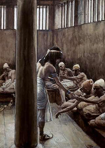 Joseph Distributes Bread In Prison White Modern Wood Framed Art Print with Double Matting by Tissot, James