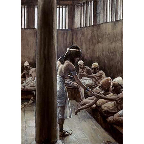 Joseph Distributes Bread In Prison Black Modern Wood Framed Art Print by Tissot, James