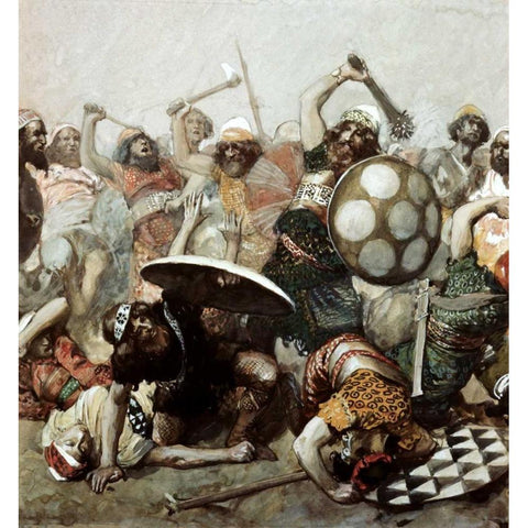 Joshua Destroys The Giants Gold Ornate Wood Framed Art Print with Double Matting by Tissot, James Jacques