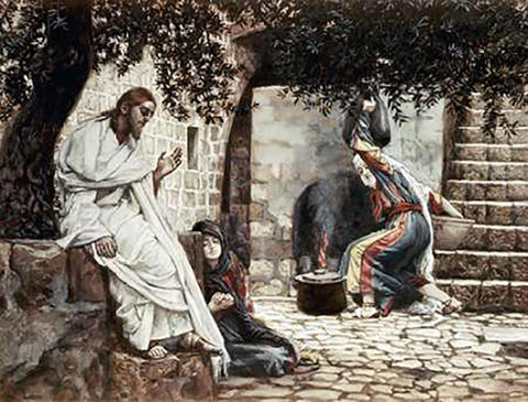 Magdalene at The Feet of Jesus White Modern Wood Framed Art Print with Double Matting by Tissot, James