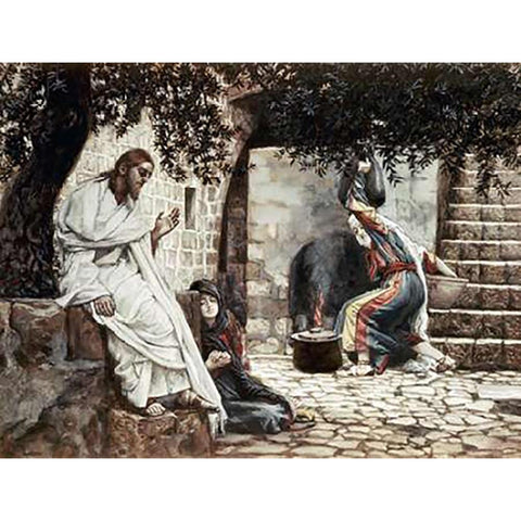 Magdalene at The Feet of Jesus Black Modern Wood Framed Art Print by Tissot, James