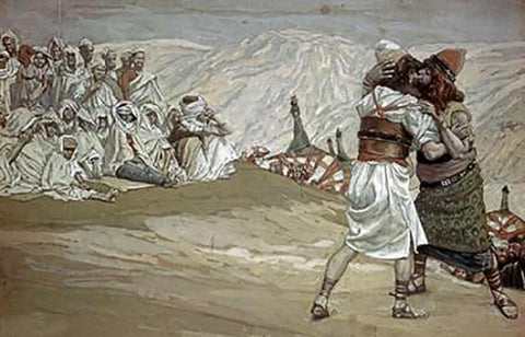 Meeting of Esau and Jacob White Modern Wood Framed Art Print with Double Matting by Tissot, James