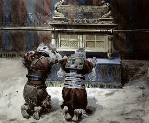 Moses and Joshua In The Tabernacle Black Ornate Wood Framed Art Print with Double Matting by Tissot, James Jacques