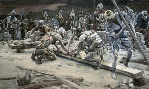 Nailing The Feet White Modern Wood Framed Art Print with Double Matting by Tissot, James Jacques