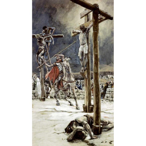One of The Soldiers With a Spear Pierces His Side Black Modern Wood Framed Art Print with Double Matting by Tissot, James Jacques
