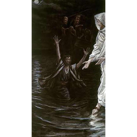 Peter Walks On The Sea White Modern Wood Framed Art Print by Tissot, James