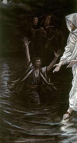 Peter Walks On The Sea Black Ornate Wood Framed Art Print with Double Matting by Tissot, James