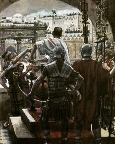 Pilate Washes His Hands Black Ornate Wood Framed Art Print with Double Matting by Tissot, James Jacques