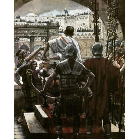 Pilate Washes His Hands Black Modern Wood Framed Art Print by Tissot, James Jacques