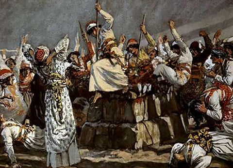 Prophets of Baal Leap Upon The Alter Black Ornate Wood Framed Art Print with Double Matting by Tissot, James