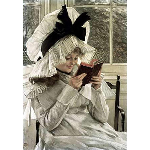 Reading a Book White Modern Wood Framed Art Print by Tissot, James