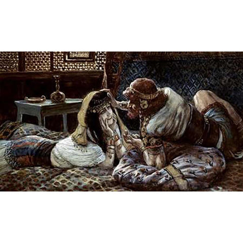 Samson and Delilah Gold Ornate Wood Framed Art Print with Double Matting by Tissot, James