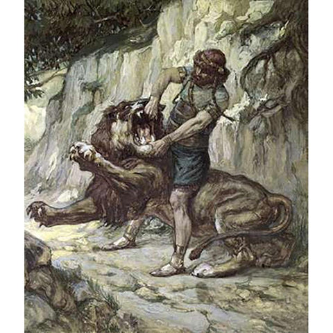 Samson Kills a Young Lion Black Modern Wood Framed Art Print with Double Matting by Tissot, James