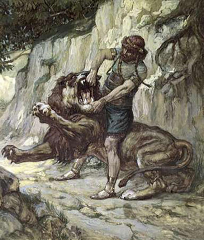 Samson Kills a Young Lion White Modern Wood Framed Art Print with Double Matting by Tissot, James