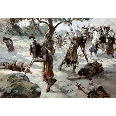 Saul Falls Upon His Sword Black Modern Wood Framed Art Print by Tissot, James Jacques