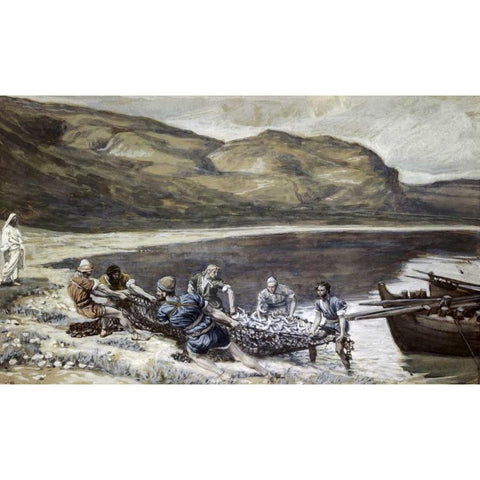 Second Miraculous Draught of Fishes White Modern Wood Framed Art Print by Tissot, James Jacques