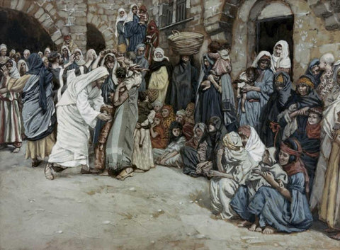 Suffer The Little Children Come Unto Me Black Ornate Wood Framed Art Print with Double Matting by Tissot, James Jacques