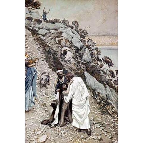 Swine Driven Into The Sea White Modern Wood Framed Art Print by Tissot, James