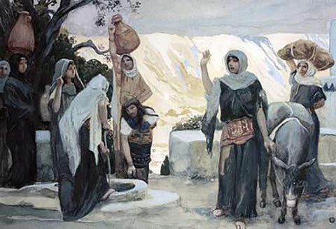 Women at The Well Black Ornate Wood Framed Art Print with Double Matting by Tissot, James