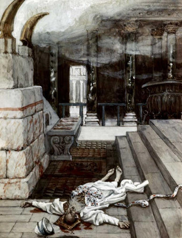 Zacharias Killed Between The Temple and The Altar White Modern Wood Framed Art Print with Double Matting by Tissot, James Jacques