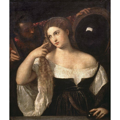 Portrait of a Woman at Her Toilette Black Modern Wood Framed Art Print with Double Matting by Titian