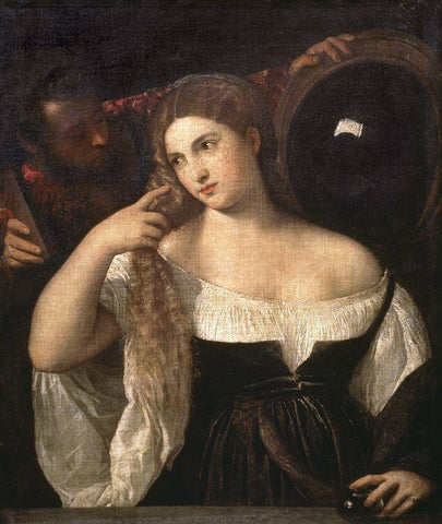 Portrait of a Woman at Her Toilette White Modern Wood Framed Art Print with Double Matting by Titian