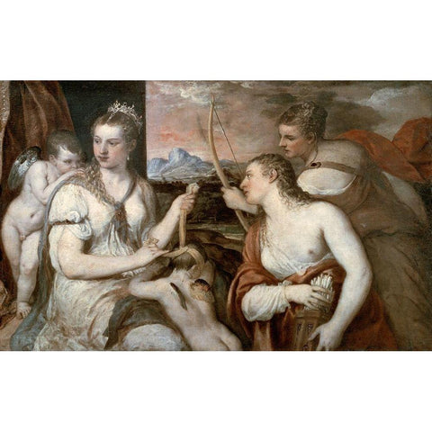 Venus Blindfolding Cupid White Modern Wood Framed Art Print by Titian