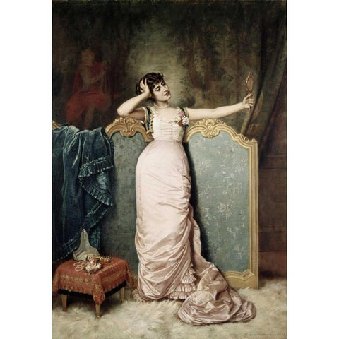 Admiring Herself White Modern Wood Framed Art Print by Toulmouche, Auguste