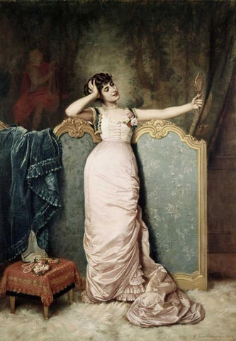 Admiring Herself White Modern Wood Framed Art Print with Double Matting by Toulmouche, Auguste