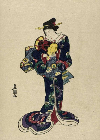 Kotsuzumi Black Ornate Wood Framed Art Print with Double Matting by Toyokuni, Utagawa