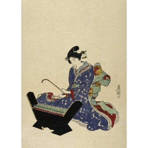 Mokkin - Wooden Xylophone White Modern Wood Framed Art Print by Toyokuni, Utagawa