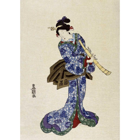 Shakuhachi White Modern Wood Framed Art Print by Toyokuni, Utagawa