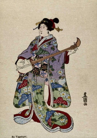 Shamisen II Black Ornate Wood Framed Art Print with Double Matting by Toyokuni, Utagawa