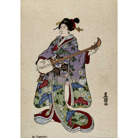 Shamisen II Black Modern Wood Framed Art Print with Double Matting by Toyokuni, Utagawa