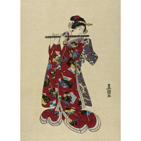 Yokobue - Seven Hole Chinese Flute Gold Ornate Wood Framed Art Print with Double Matting by Toyokuni, Utagawa