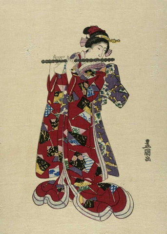 Yokobue - Seven Hole Chinese Flute Black Ornate Wood Framed Art Print with Double Matting by Toyokuni, Utagawa