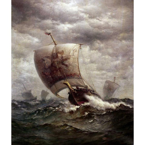 Viking Ships at Sea White Modern Wood Framed Art Print by Tyler, James Gale