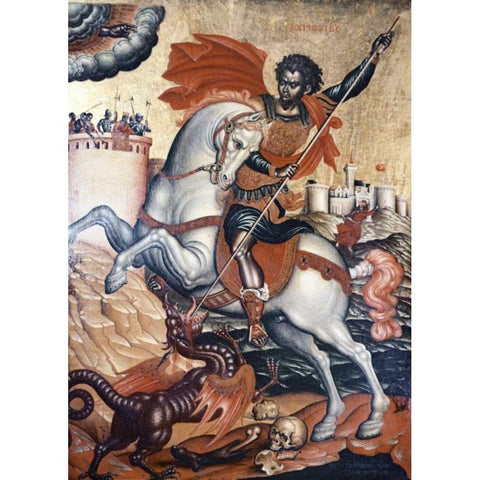 St. George Slaying The Dragon Gold Ornate Wood Framed Art Print with Double Matting by Tzanes