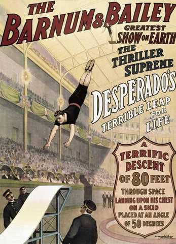 Barnum and Bailey - Desperados Terrible Leap White Modern Wood Framed Art Print with Double Matting by Unknown