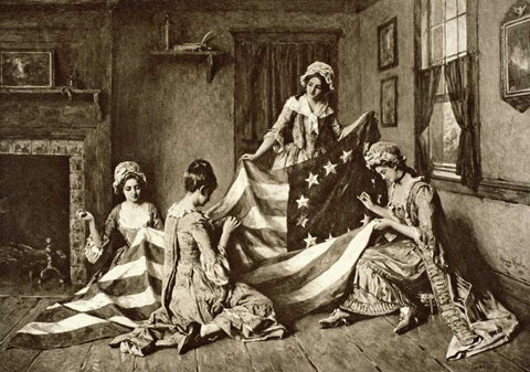 Betsy Ross Sewing the First U.S. Flag Philadelphia, Pennsylvania, 1777 Black Ornate Wood Framed Art Print with Double Matting by Unknown