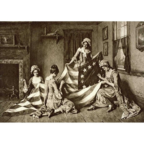 Betsy Ross Sewing the First U.S. Flag Philadelphia, Pennsylvania, 1777 Black Modern Wood Framed Art Print with Double Matting by Unknown