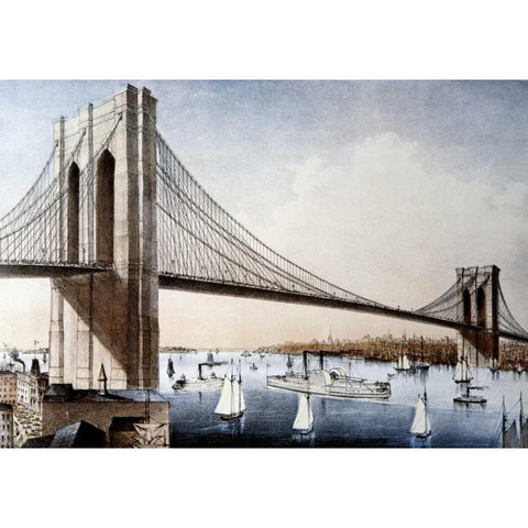 Brooklyn Bridge, New York City Black Modern Wood Framed Art Print with Double Matting by Unknown