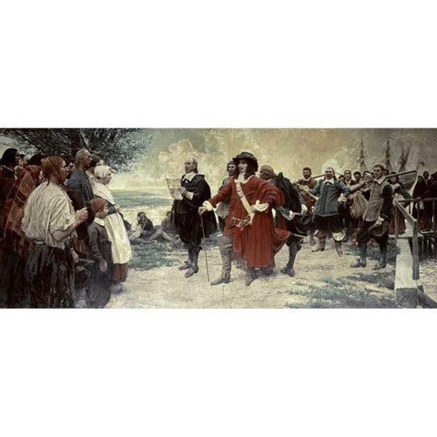 Capt. Philip Carteret Landing In New Jersey Black Modern Wood Framed Art Print with Double Matting by Unknown