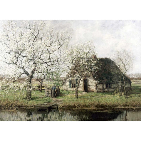 Cottage By The River Black Modern Wood Framed Art Print by Unknown