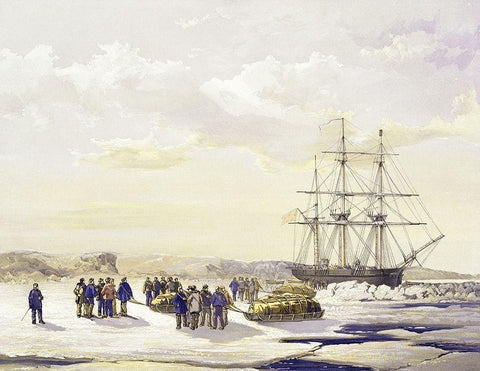 Sledge Party Leaving H.M.S. Investigator Black Ornate Wood Framed Art Print with Double Matting by Unknown