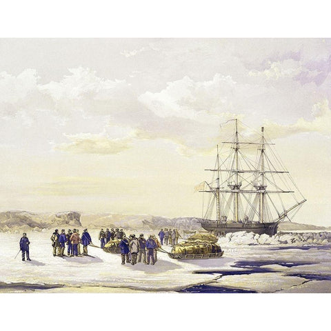Sledge Party Leaving H.M.S. Investigator White Modern Wood Framed Art Print by Unknown